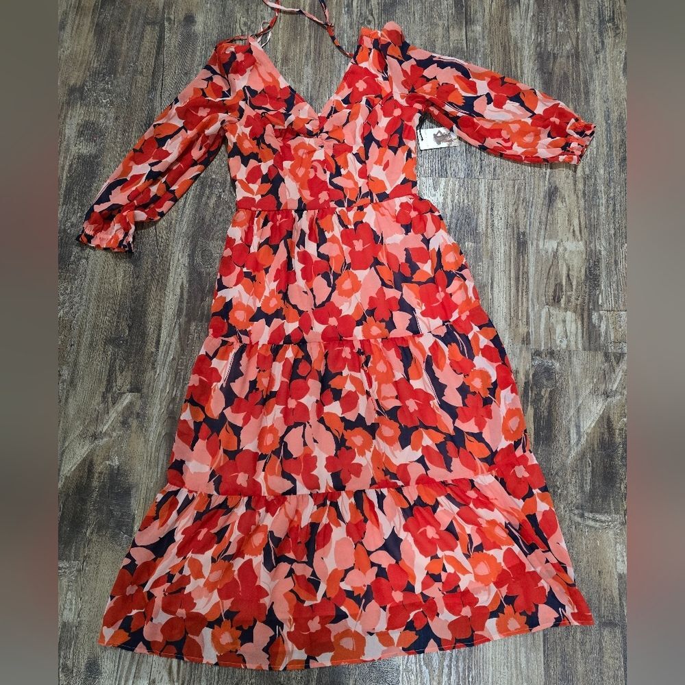 Sincerely Jules Red Pink Floral Long Sleeve Tiered Midi Dress Size M